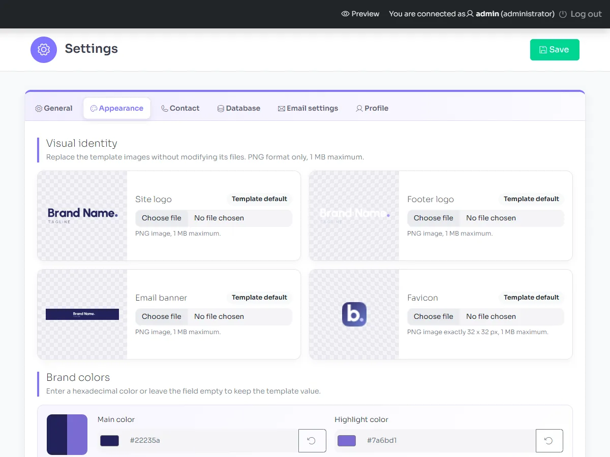 The Appearance tab: visual identity and brand colours