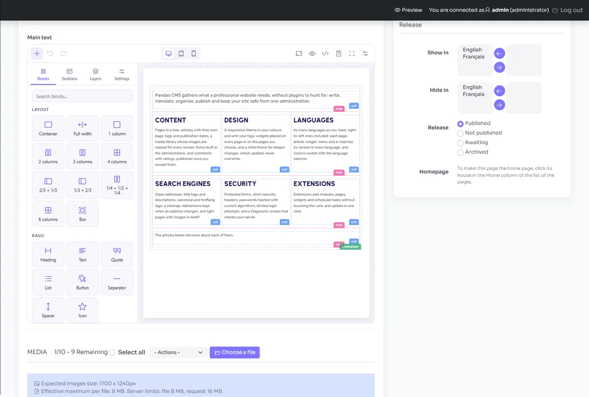 The page builder with the blocks of the Features page