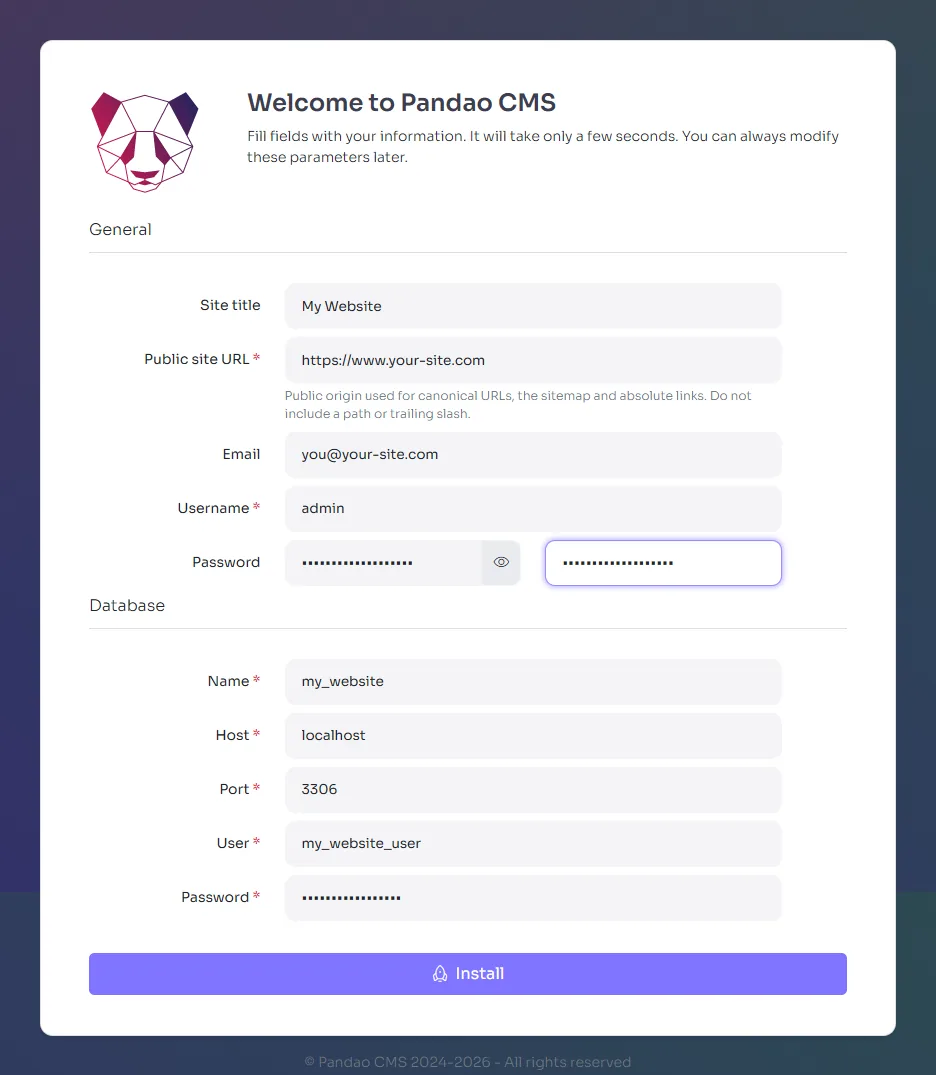 The installation wizard with its General and Database fields