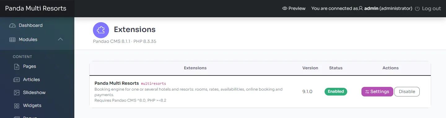 The Extensions page