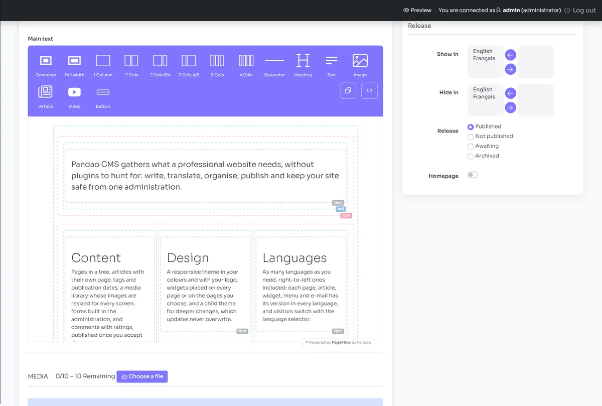 The page builder with the blocks of the Features page