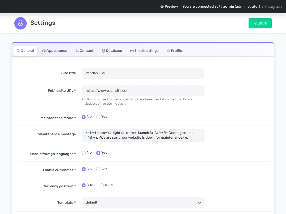 The General tab of the settings