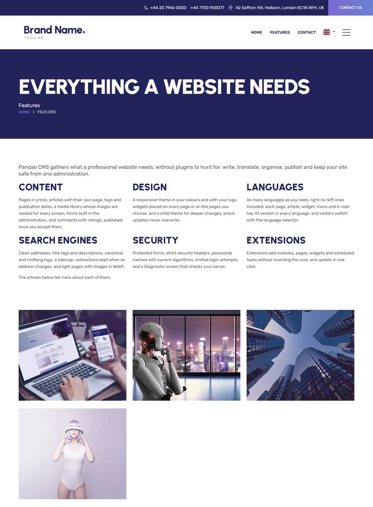 The Features page with its text and its articles