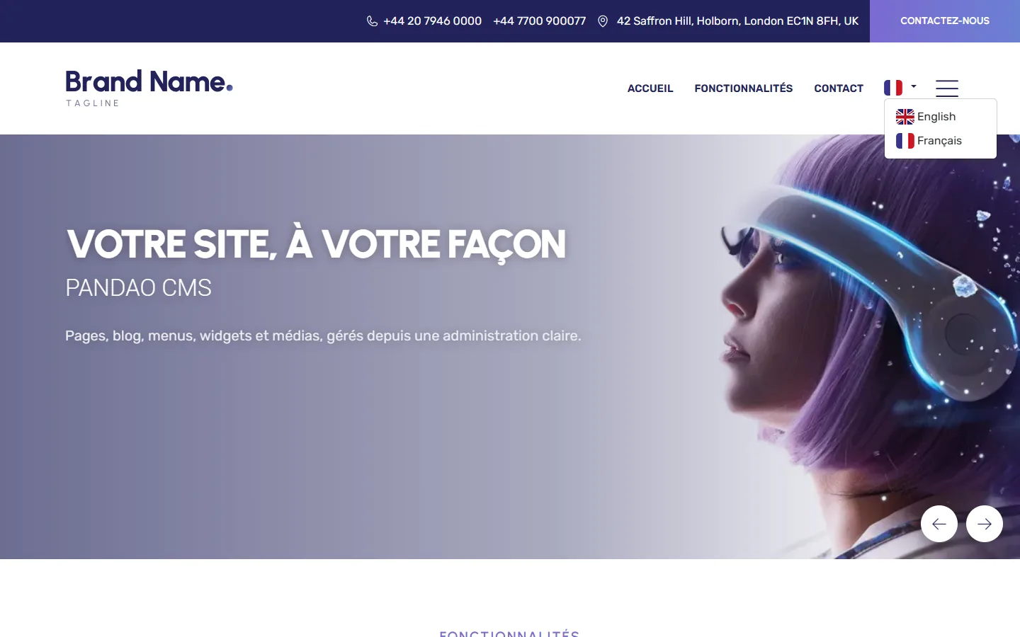 The home page in French, with the language selector open